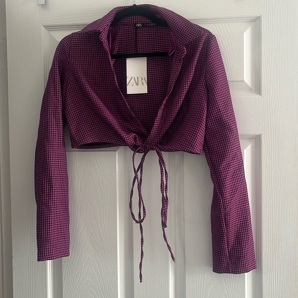 ZARA Purple/Black Houndstooth Crop Blazer